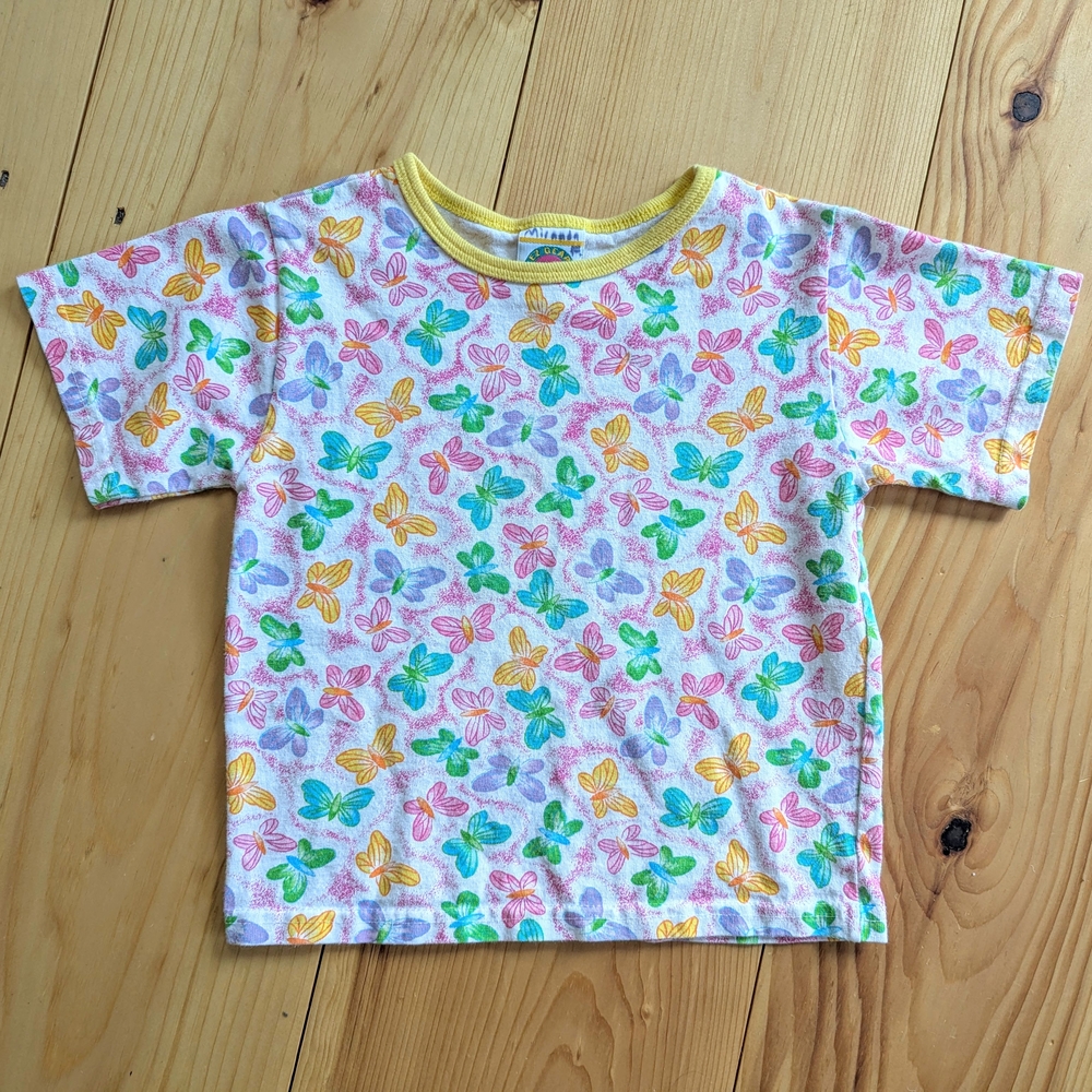 Vintage 90s Colorful Butterfly Print Kids Cotton T Shirt EZ Gear Girls Small 6T